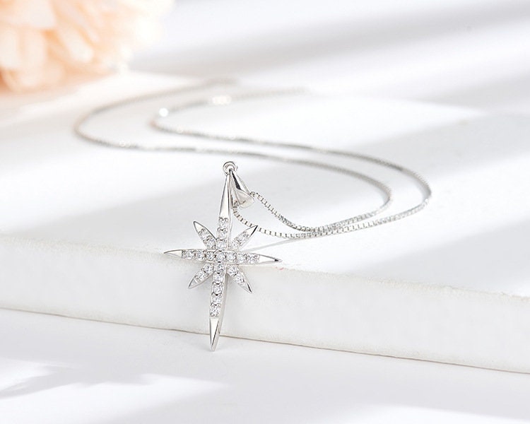 14k Rose Gold Vermeil Starburst Necklace, Starburst Pendant, 8-point Star Necklace, Minimalist North Star Necklace, Gift for her, GN54