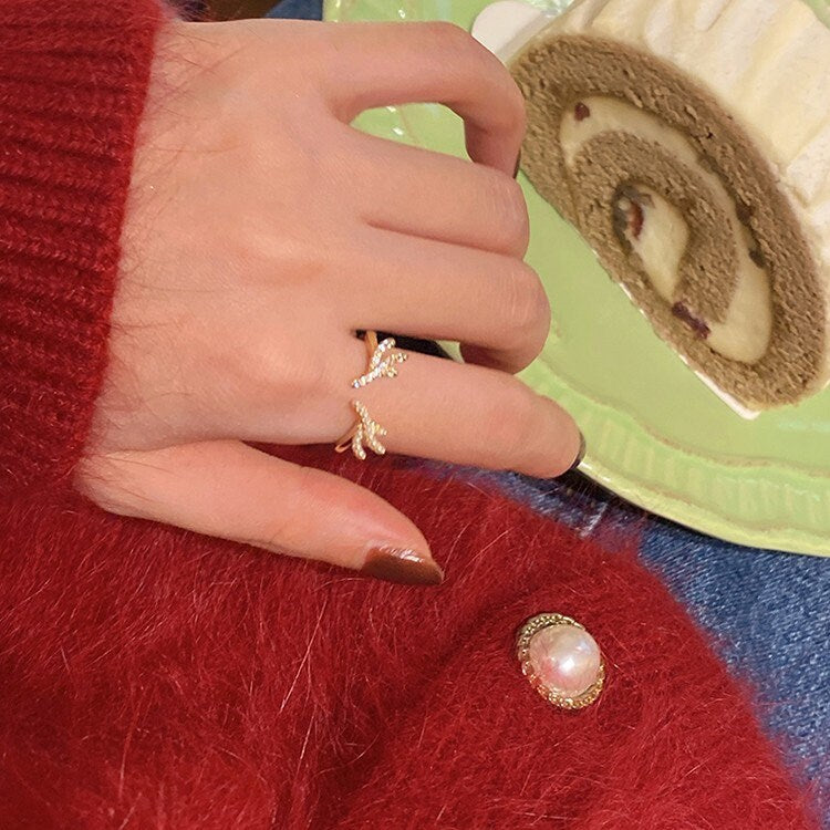 Dainty Antlers Adjustable Ring , 14k Gold Plated 925 Silver Features Mother of Pearl & CZ Open Size Ring, Adjustable Gold Ring, GR07