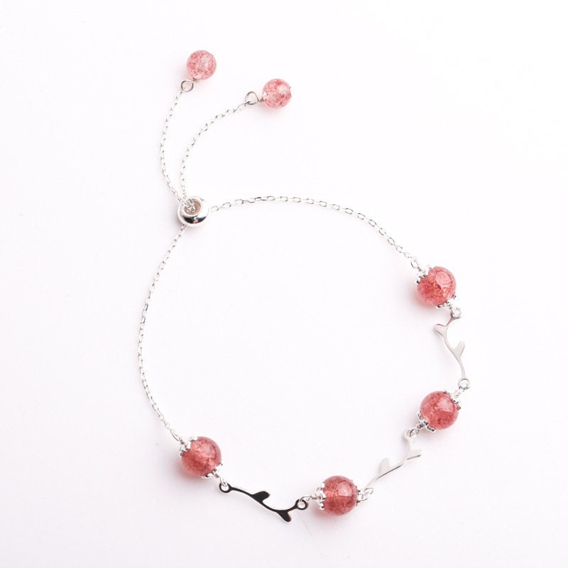 S925 Silver Rose Quartz Bracelet, Dainty Branch Strawberry Quartz Bracelets, Pink Quartz Bracelet, Minimalist Bracelet, Gift for Her GB04