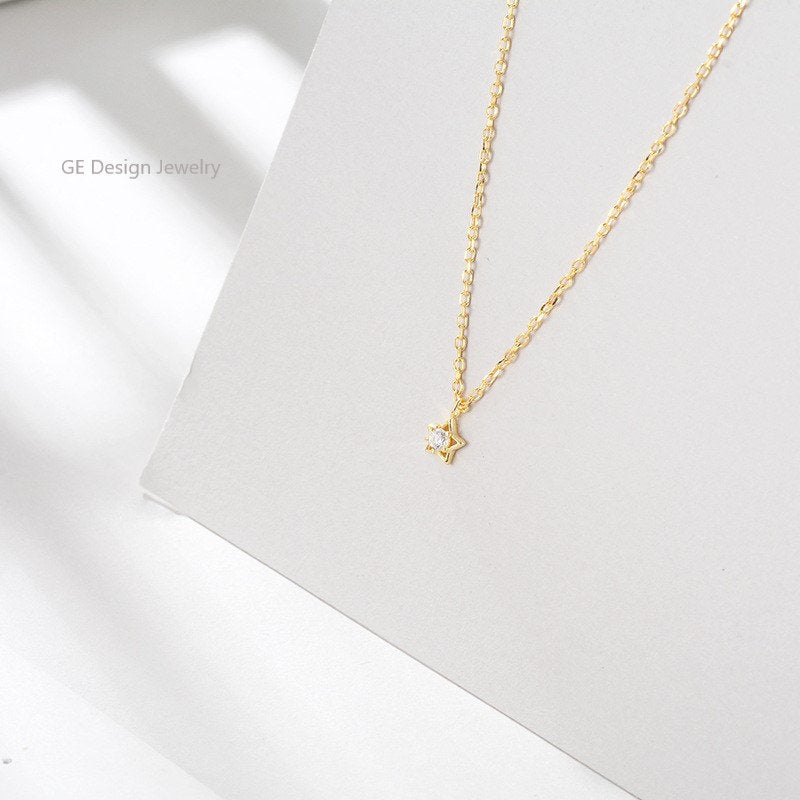 Tiny CZ Diamond Star Necklace, 18k Gold Vermeil CZ Star Necklace, Minimalist Star Necklace, Gold Star Necklace, Gift for her
