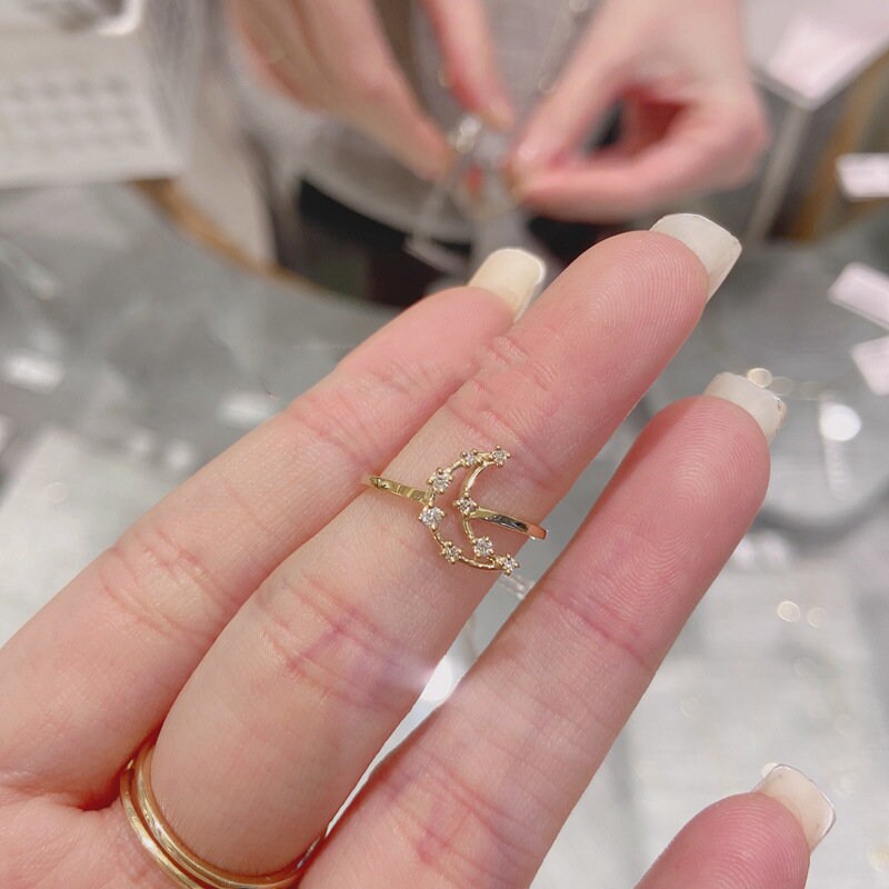 14k Gold Vermeil Moon Adjustable Ring, Moon Open Ring, Moon Paving with CZ Ring, Gold Celestial Ring, Gifts for Her, GR01