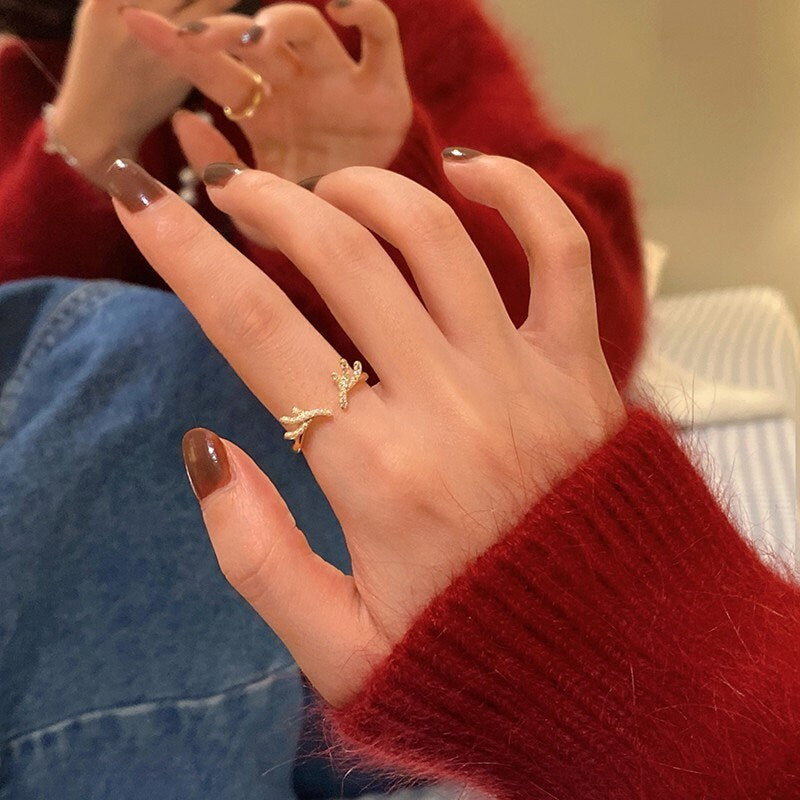 Dainty Antlers Adjustable Ring , 14k Gold Plated 925 Silver Features Mother of Pearl & CZ Open Size Ring, Adjustable Gold Ring, GR07