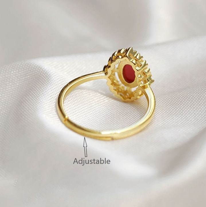 Delicate CZ Red Resin Adjustable Ring, Gold Vintage Open Size Ring, Dainty Minimalist Red Oval Ring, Gift for her, GR06