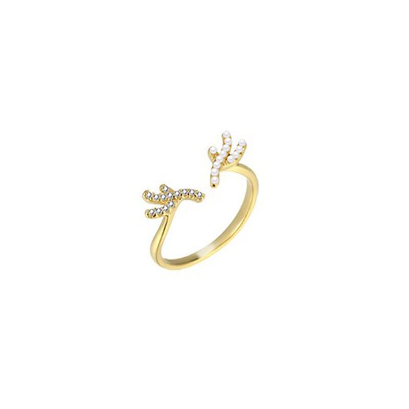Dainty Antlers Adjustable Ring , 14k Gold Plated 925 Silver Features Mother of Pearl & CZ Open Size Ring, Adjustable Gold Ring, GR07