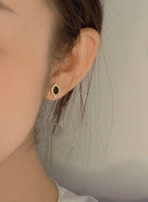 Dainty Gold Black Onyx Stud Earrings, Sparkly CZ and Onyx Earrings, Gold Oval Onyx Earrings, Bridal Gift, Wedding Earrings, Gifts, GE41