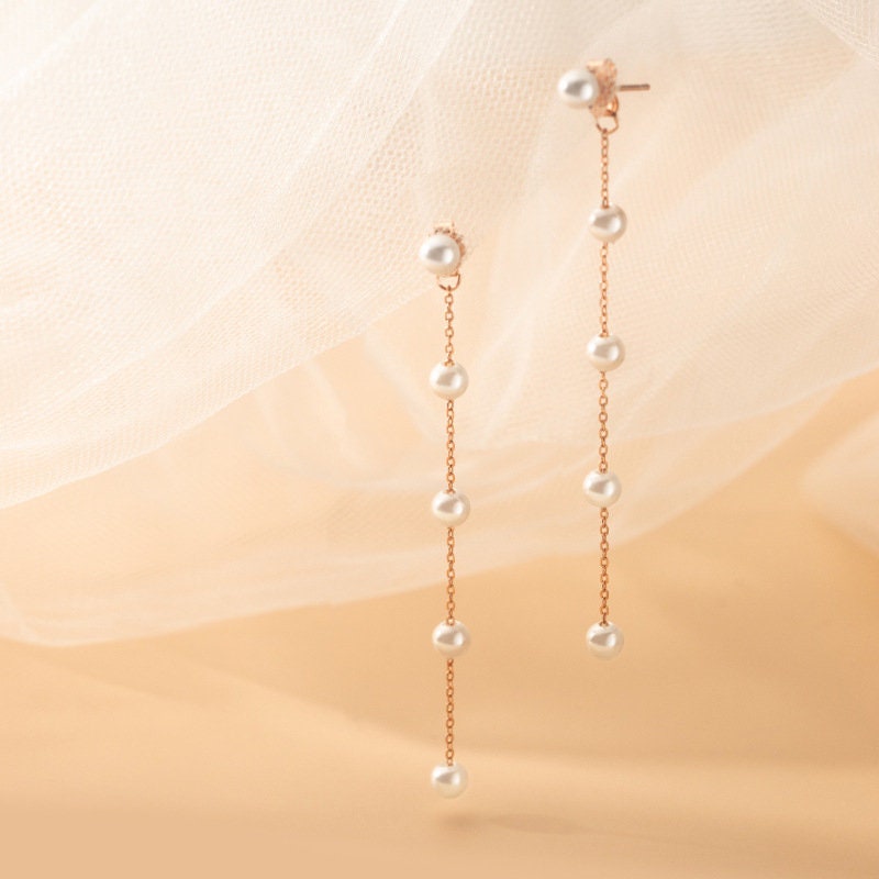 Rose Gold Vermeil Pearl Threader Dangle & Drop Earrings, Dainty Pearl Tassel Dangle Earrings, Minimalist Pearl Dangle Earrings, Gifts, GE58