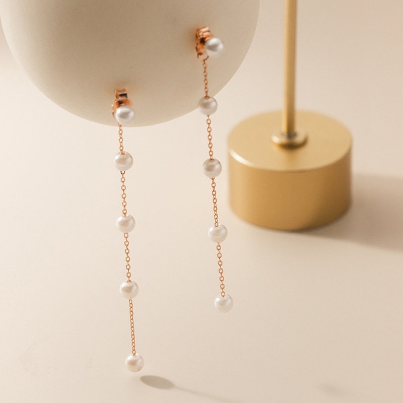 Rose Gold Vermeil Pearl Threader Dangle & Drop Earrings, Dainty Pearl Tassel Dangle Earrings, Minimalist Pearl Dangle Earrings, Gifts, GE58