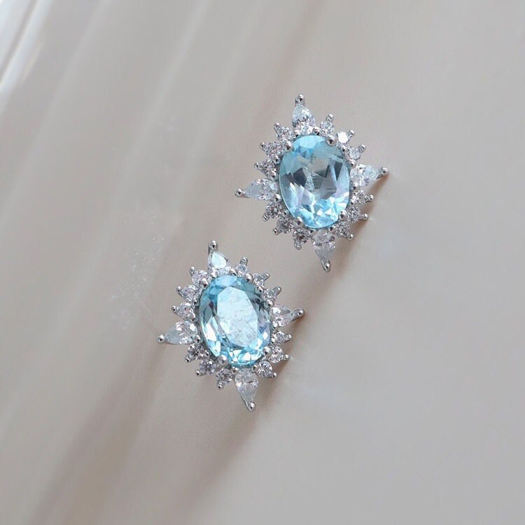 925 Silver Blue Topaz CZ Earrings, Sparkly Topaz North Star Earrings, Minimalist Blue CZ Earrings, Wedding Earrings, Bridal Gift, GE53