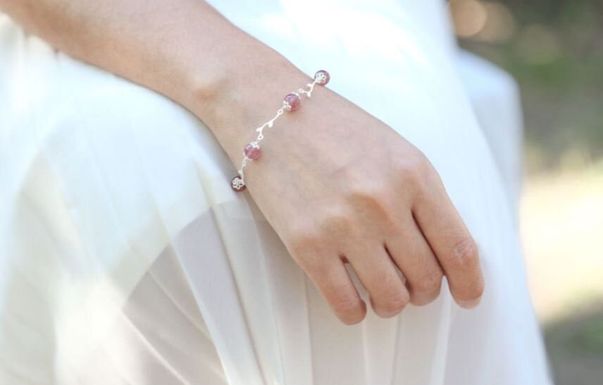 S925 Silver Rose Quartz Bracelet, Dainty Branch Strawberry Quartz Bracelets, Pink Quartz Bracelet, Minimalist Bracelet, Gift for Her GB04