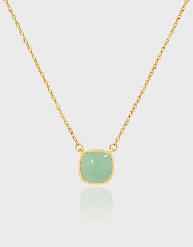 18k Gold Vermeil Green Enamel Necklace, Light Green Square Pendant, Silver Enamel Stackable Necklace, Geometry Necklace, Mom Necklace, GN48