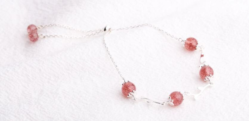 S925 Silver Rose Quartz Bracelet, Dainty Branch Strawberry Quartz Bracelets, Pink Quartz Bracelet, Minimalist Bracelet, Gift for Her GB04