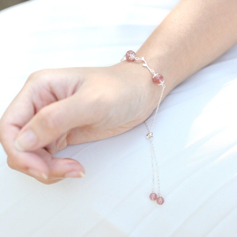 S925 Silver Rose Quartz Bracelet, Dainty Branch Strawberry Quartz Bracelets, Pink Quartz Bracelet, Minimalist Bracelet, Gift for Her GB04