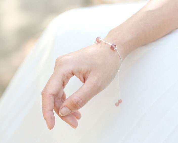 S925 Silver Rose Quartz Bracelet, Dainty Branch Strawberry Quartz Bracelets, Pink Quartz Bracelet, Minimalist Bracelet, Gift for Her GB04