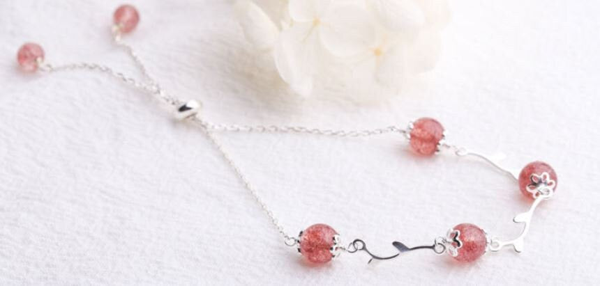 S925 Silver Rose Quartz Bracelet, Dainty Branch Strawberry Quartz Bracelets, Pink Quartz Bracelet, Minimalist Bracelet, Gift for Her GB04