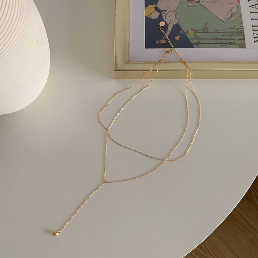 Gold Vermeil Ball Drop Double Layer Necklace, Tiny Ball Drop Necklace, Stackable Necklace, Minimalist Two Chain Necklace, Gift for her, GN69