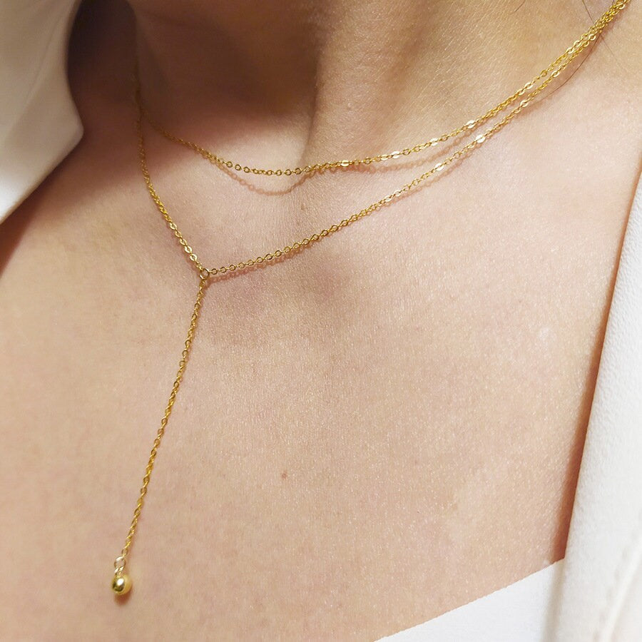 Gold Vermeil Ball Drop Double Layer Necklace, Tiny Ball Drop Necklace, Stackable Necklace, Minimalist Two Chain Necklace, Gift for her, GN69