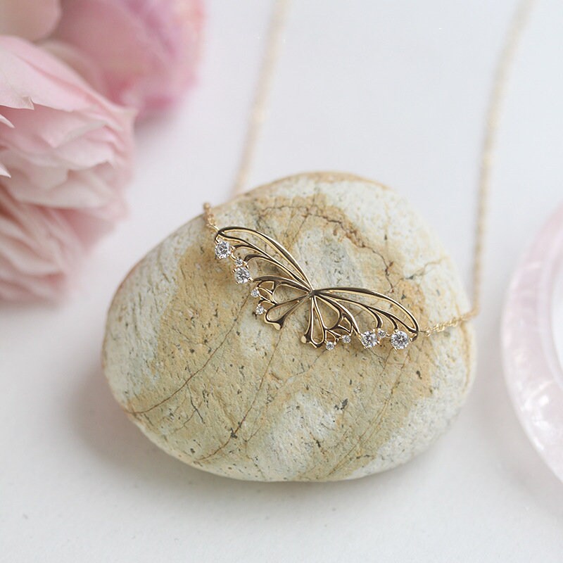 Dainty CZ Gold Butterfly Necklace, Delicate Butterfly Pendant, Gold Butterfly Necklace, Minimalist Wing Necklace, Birthday Gift for her GN71