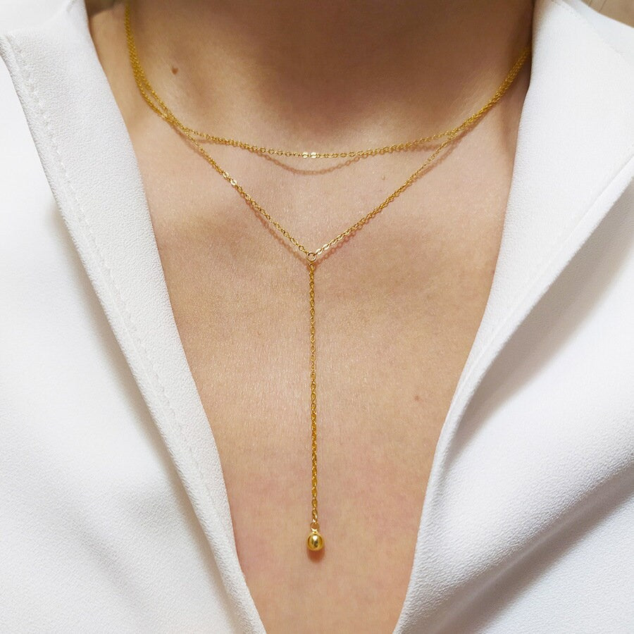 Gold Vermeil Ball Drop Double Layer Necklace, Tiny Ball Drop Necklace, Stackable Necklace, Minimalist Two Chain Necklace, Gift for her, GN69