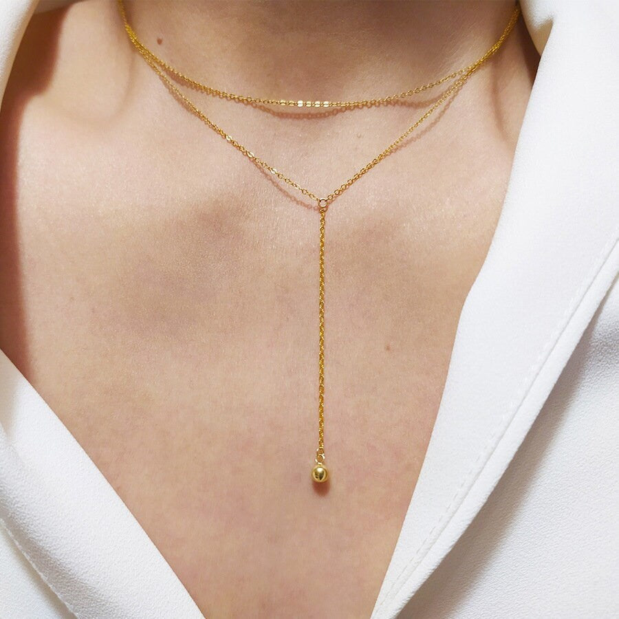 Gold Vermeil Ball Drop Double Layer Necklace, Tiny Ball Drop Necklace, Stackable Necklace, Minimalist Two Chain Necklace, Gift for her, GN69