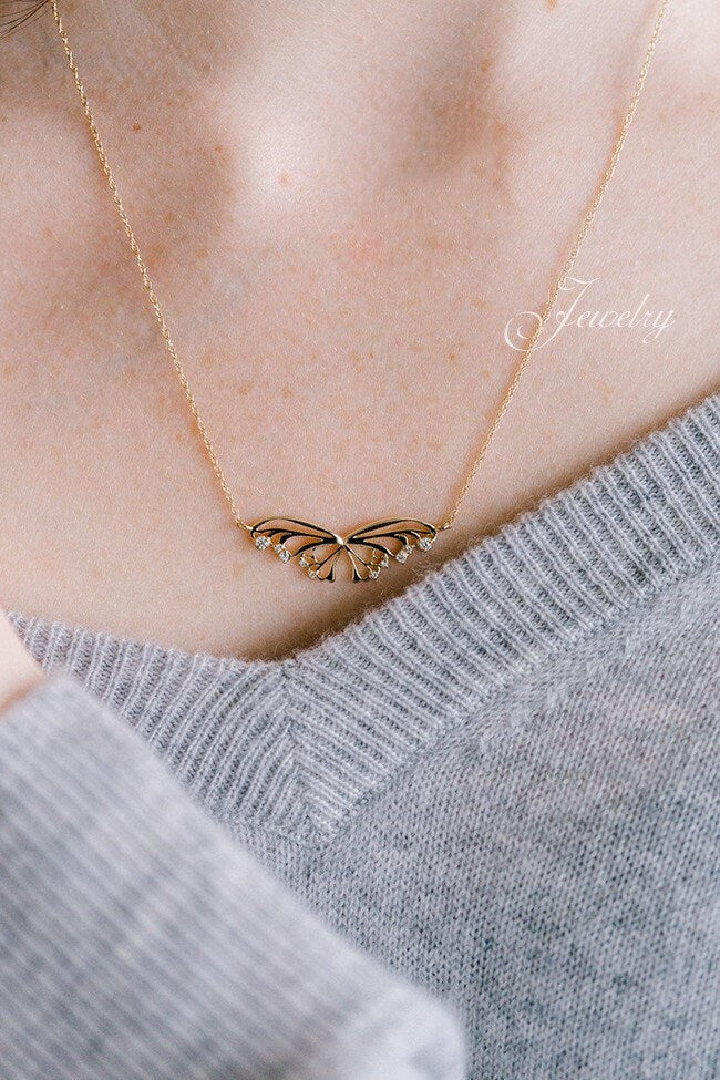 Dainty CZ Gold Butterfly Necklace, Delicate Butterfly Pendant, Gold Butterfly Necklace, Minimalist Wing Necklace, Birthday Gift for her GN71